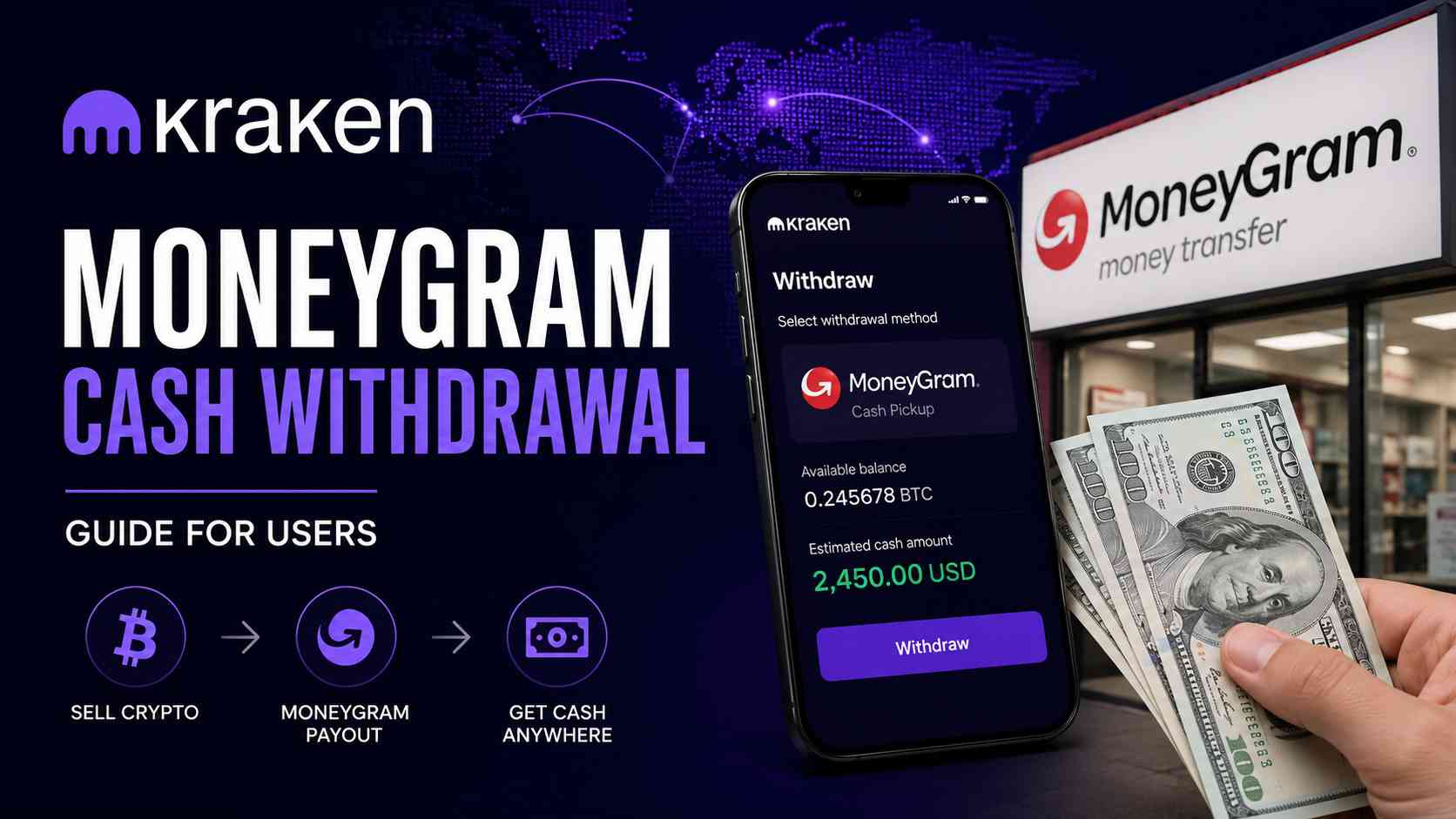 Kraken MoneyGram cash withdrawal guide showing Bitcoin conversion to cash via MoneyGram payout network on smartphone